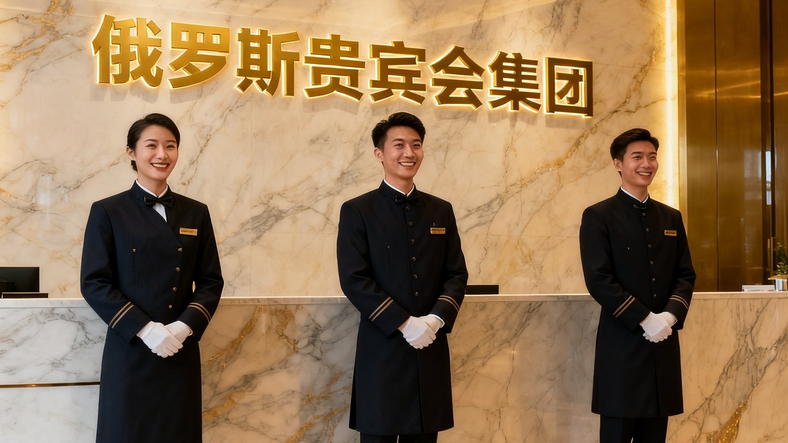 俄罗斯贵宾会集团管家团队在超甲级写字楼大堂进行接待服务，三名身着深色制服的管家面带微笑迎接访客，大理石墙面映衬金色企业标识，整体画面呈现高端商务氛围