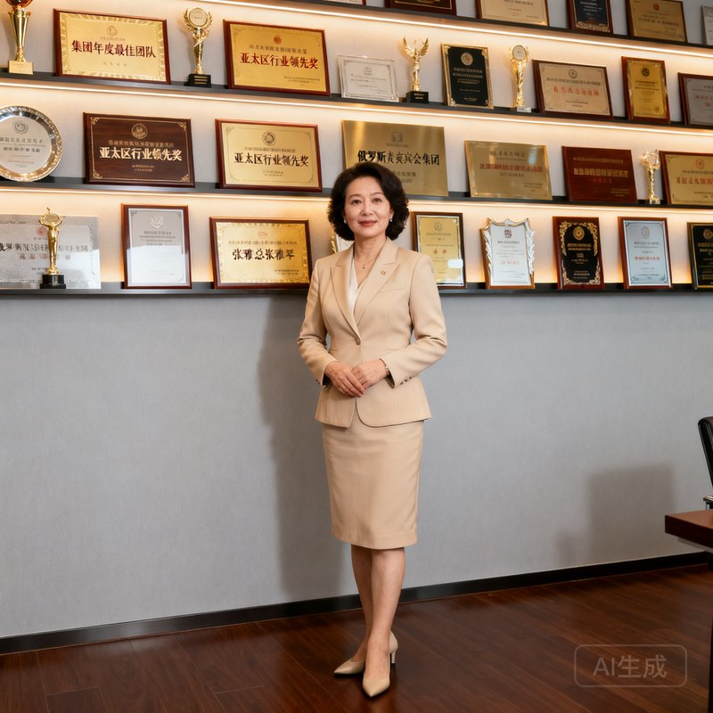 俄罗斯贵宾会集团亚太区总裁张雅琴女士，身着米色职业套装站在北京总部办公室内，身后是集团荣誉墙，展现专业干练的女性领导者形象