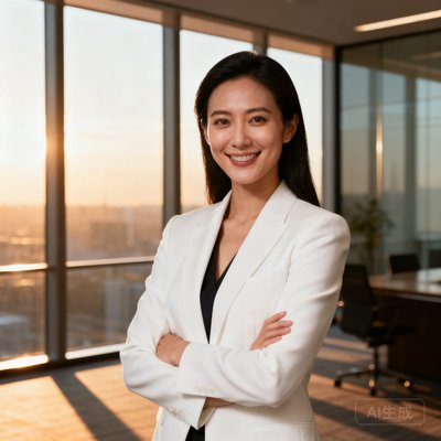 某跨国企业中国区CEO李思颖女士商务形象照，背景为办公室落地窗，身着白色西装外套，展现从容自信的国际化高管形象